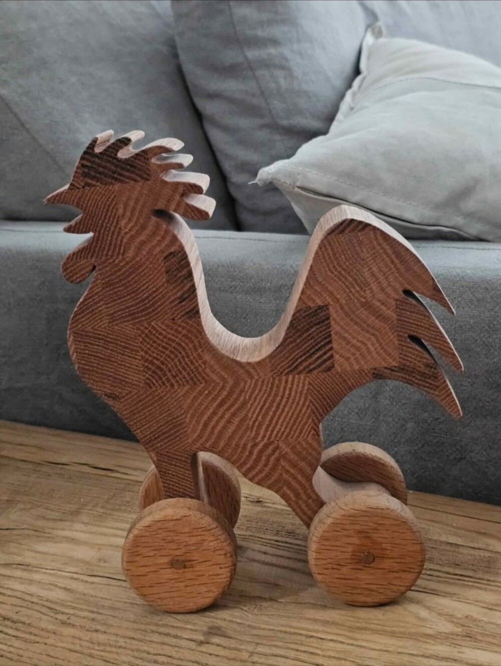 Handmade Wood Rolling Rooster On Wheels Toy Or Decor
